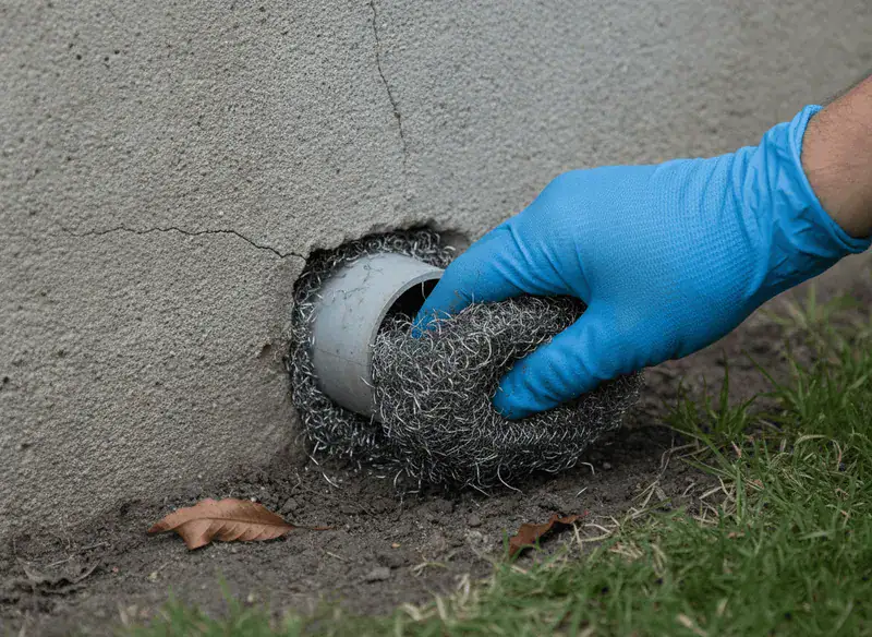 Diamo technician sealing a foundation gap with steel wool to stop field mice entering an Uxbridge farmhouse