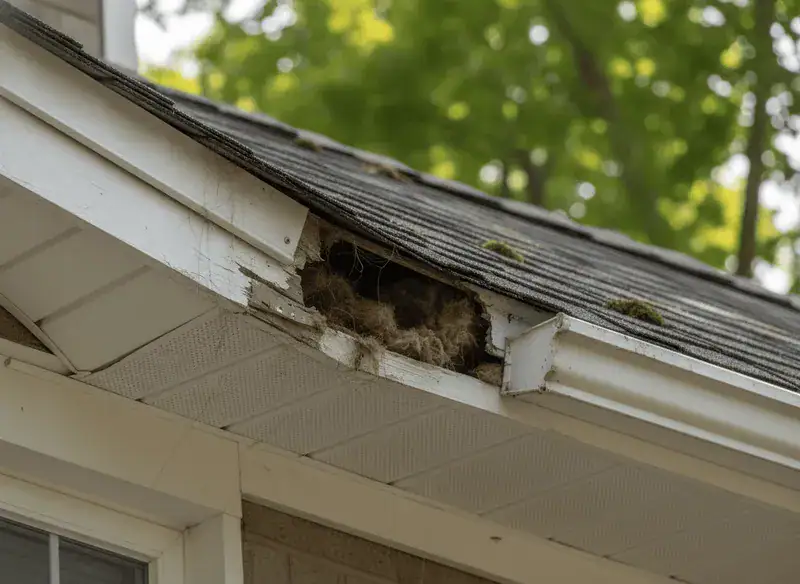 Torn soffit panel at the roof edge of an Uxbridge home where raccoons entered the attic