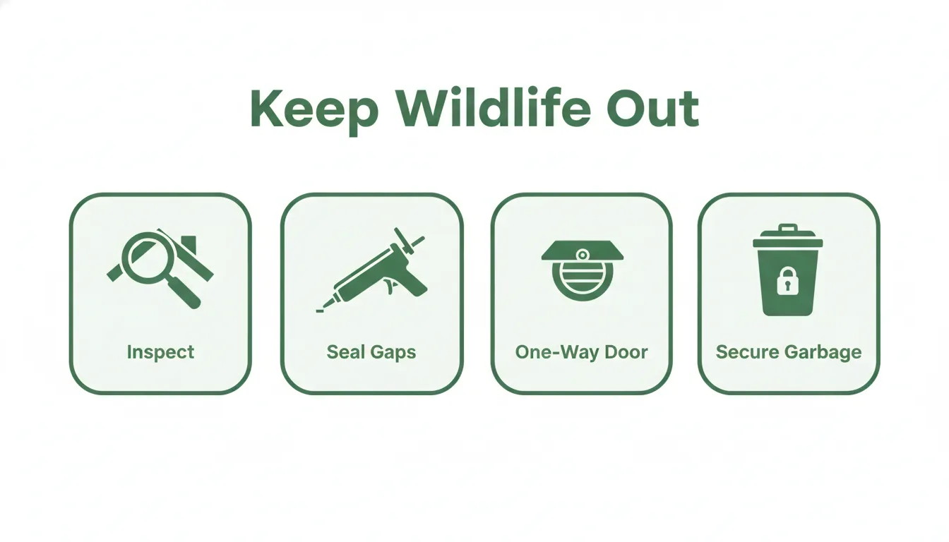 Keep wildlife out: inspect, seal gaps, install a one-way door, secure garbage