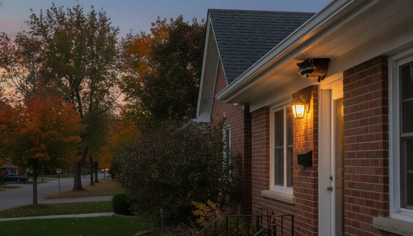 Raccoon peeking out of a soffit gap on an Ontario house at dusk